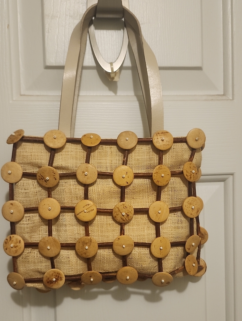 Beige Natural Wooden-Button Tote Bag with Cream Handles
